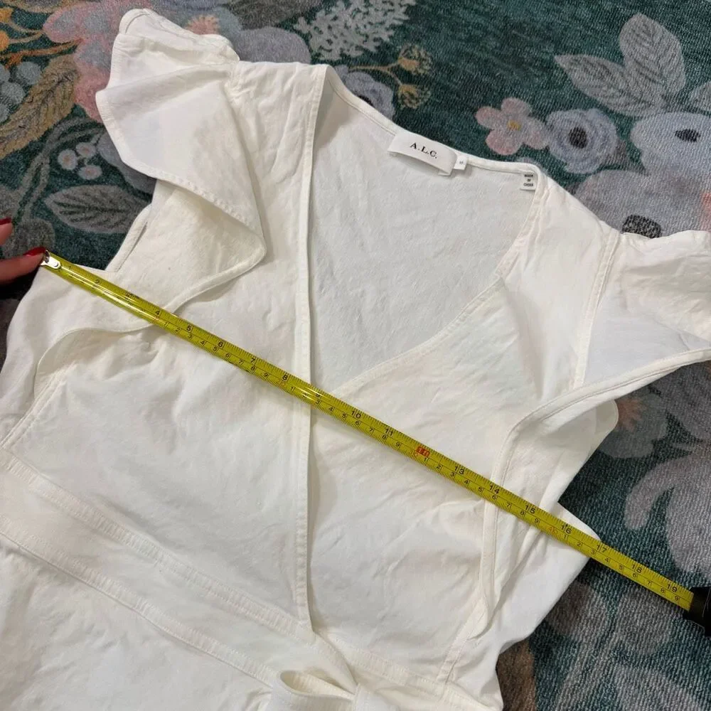 A.L.C. Sidelle white ruffle sleeve wrap dress 10 linen stretch V-neck mini Short - Picture 9 of 16